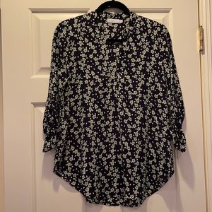 Lush Tunic top roll tab sleeves - medium, like new, navy with green flowers